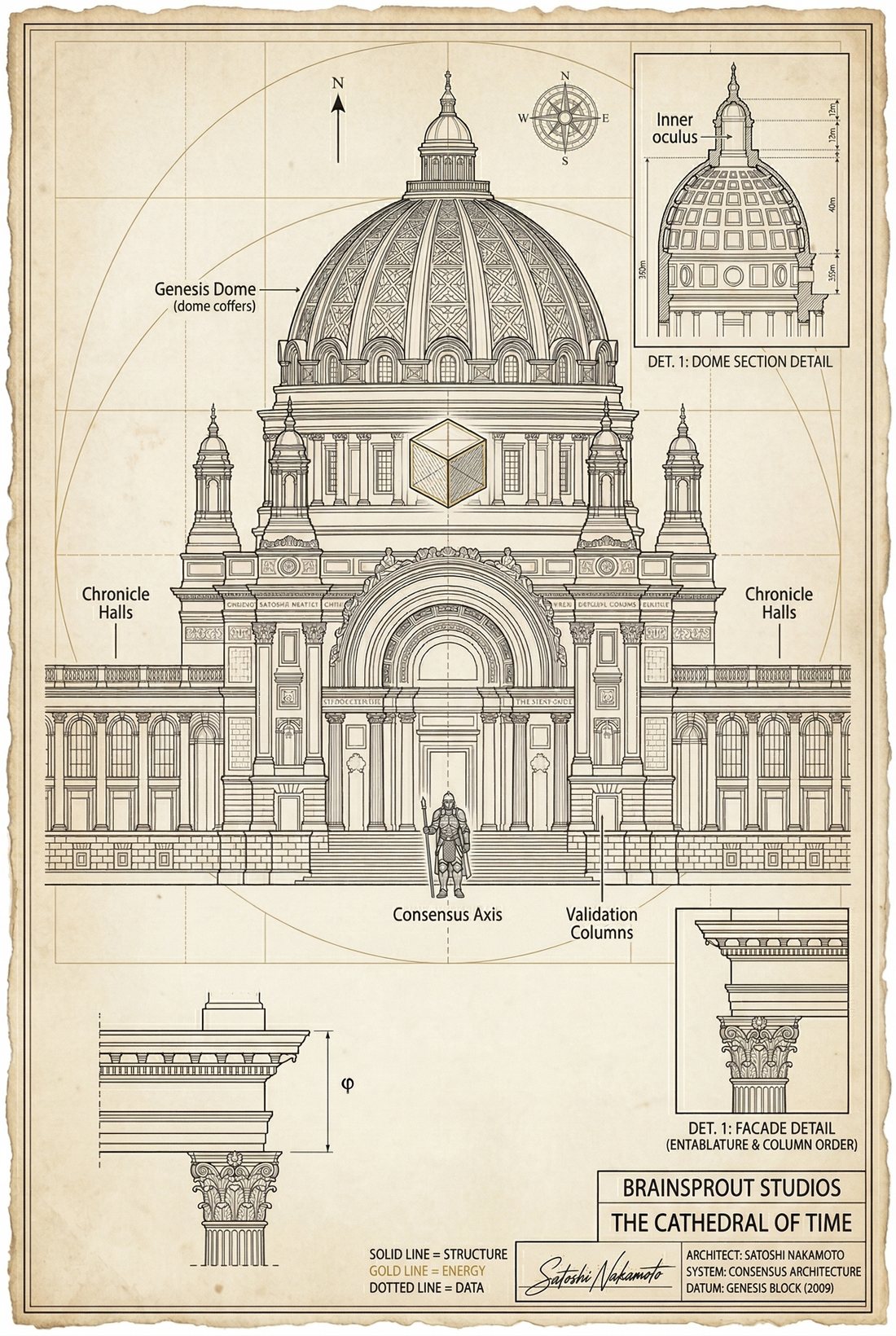 Plate 02 — Genesis Dome Elevation II. Variant facade elevation, alternate angle.