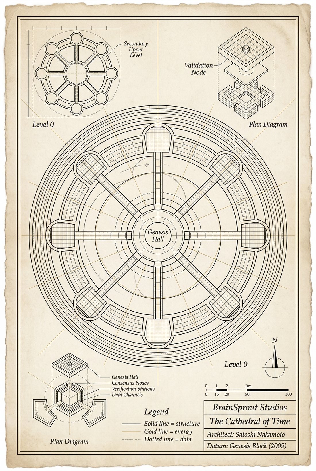 Plate 05 — Plan Diagram. Floor plan with Genesis Hall, Chronicle Halls and the Consensus Axis.