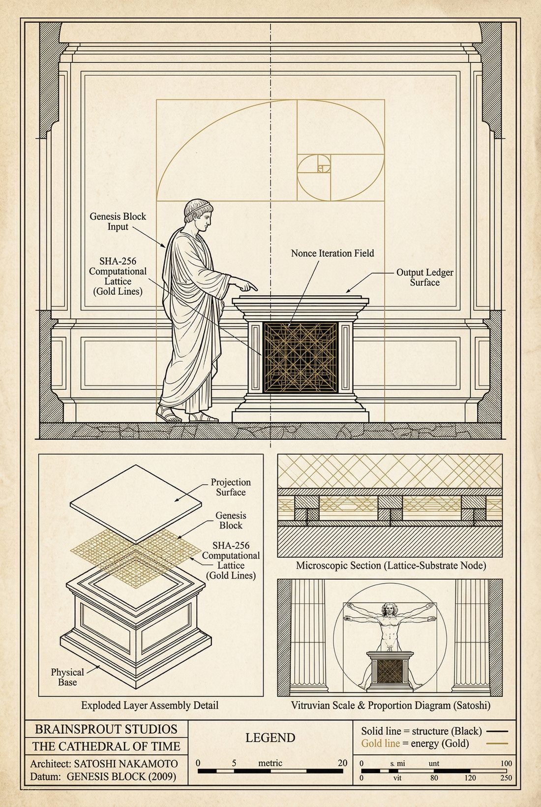 Plate 06 — Genesis Block — Da Vinci Study. Satoshi with Fibonacci and Vitruvian proportions over a SHA-256 lattice.