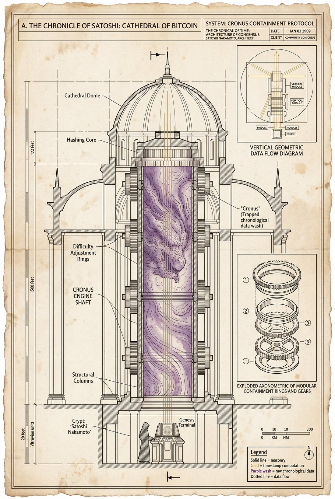 Plate 08 — Cronus Containment Protocol. Tower section showing the Cronus entropy containment system.