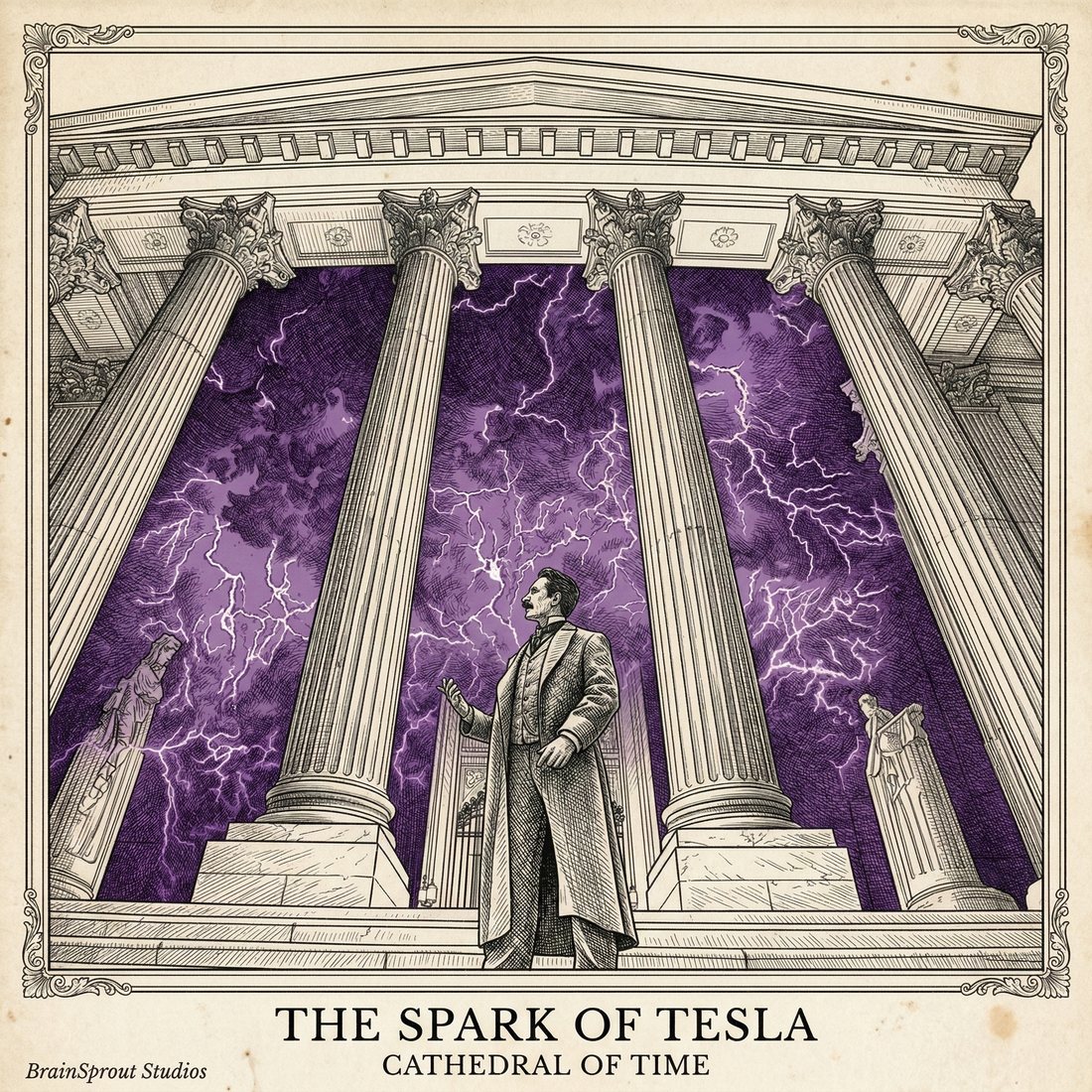 Plate 10 — Spark of Tesla Temple. Tesla in a Palladian temple, purple lightning corridor.