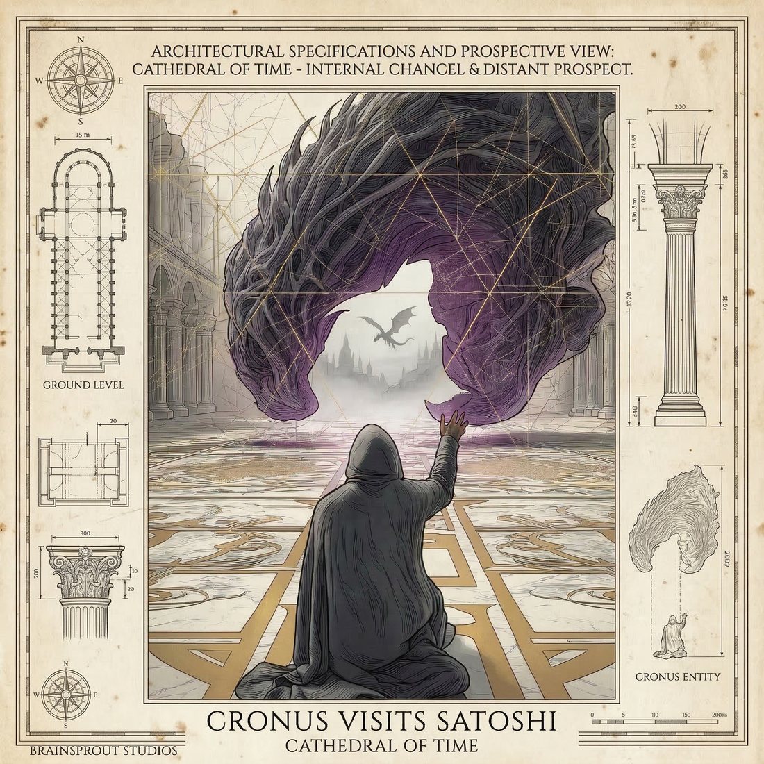 Plate 11 — Cronus Visits Satoshi. Cronus confronting Satoshi in the cathedral.