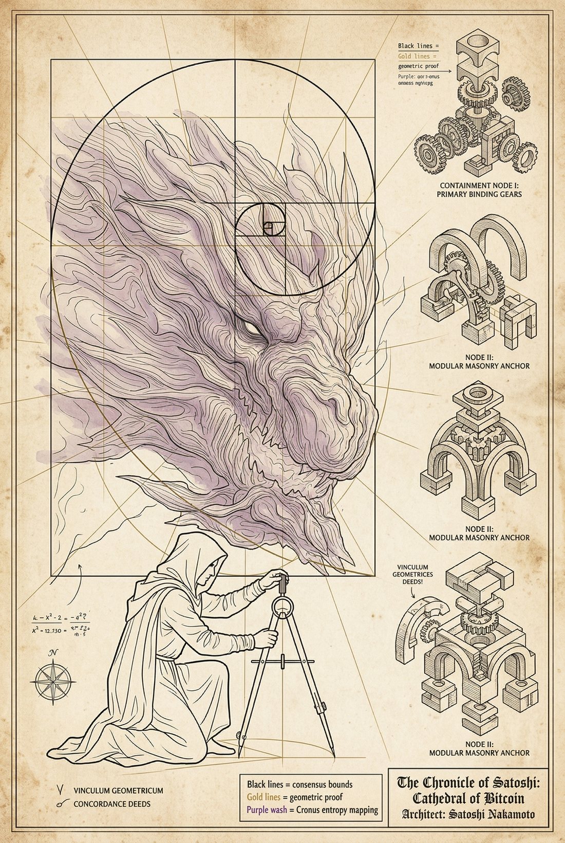 Plate 14 — Cronus — Golden Spiral Confrontation. A Fibonacci spiral composition with Cronus energy.