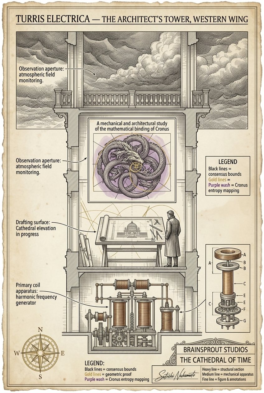 Plate 16 — Turris Electrica — Workshop I. Tesla's workshop interior: dragon coiled, frequency generators, drafting.