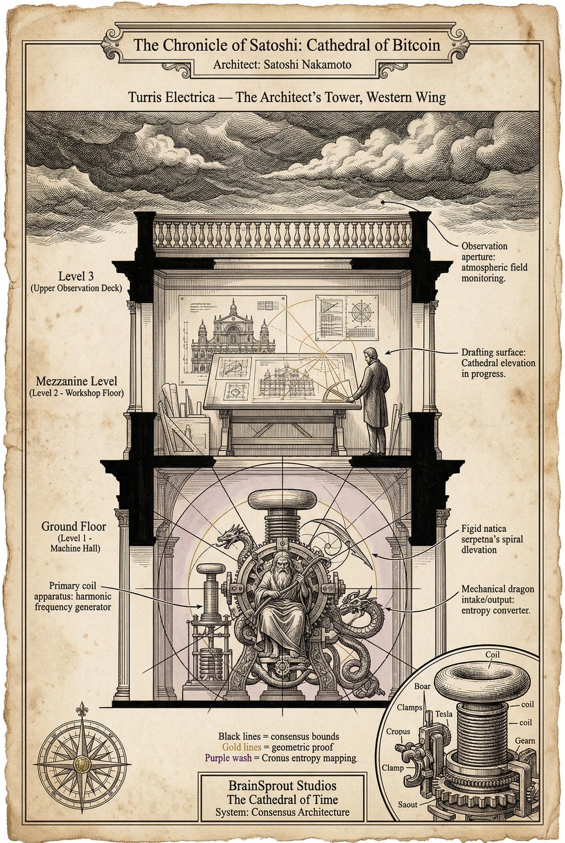 Plate 17 — Turris Electrica — Full Section II. Three-level tower section: Machine Hall, Mezzanine, Observation deck.