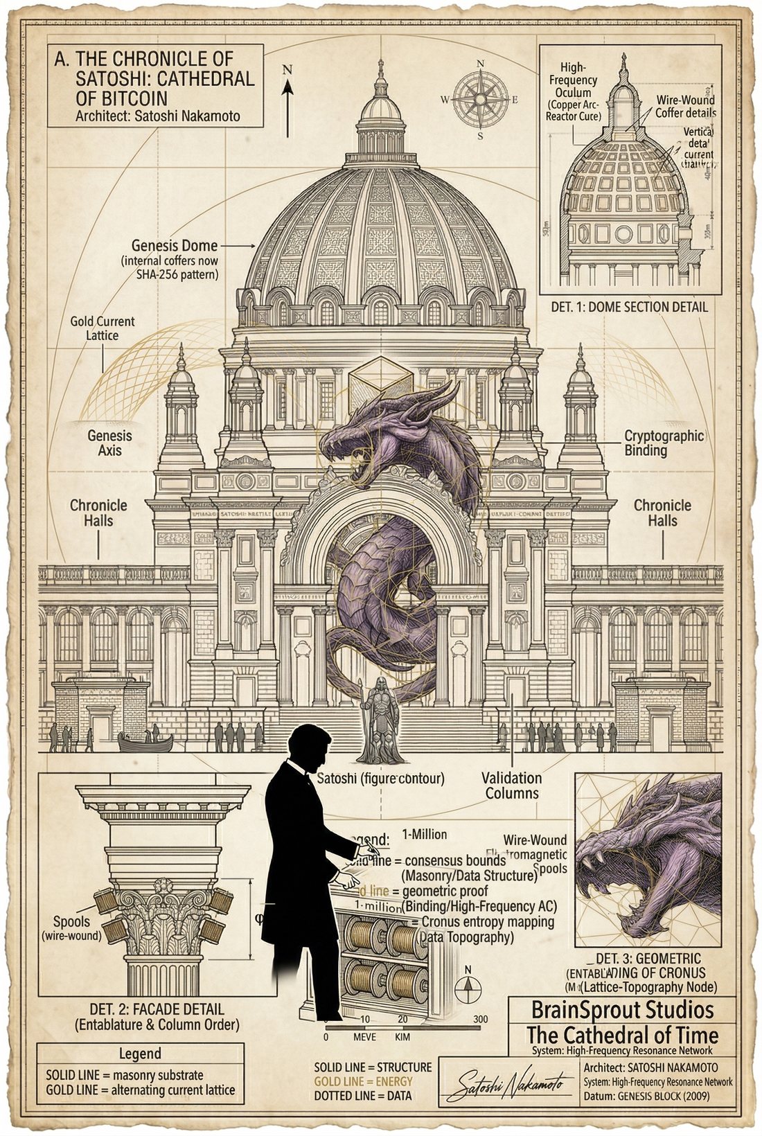 Plate 18 — Chronicle of Satoshi Master. Full facade and Cronus dragon, dome section, Satoshi figure, legend.