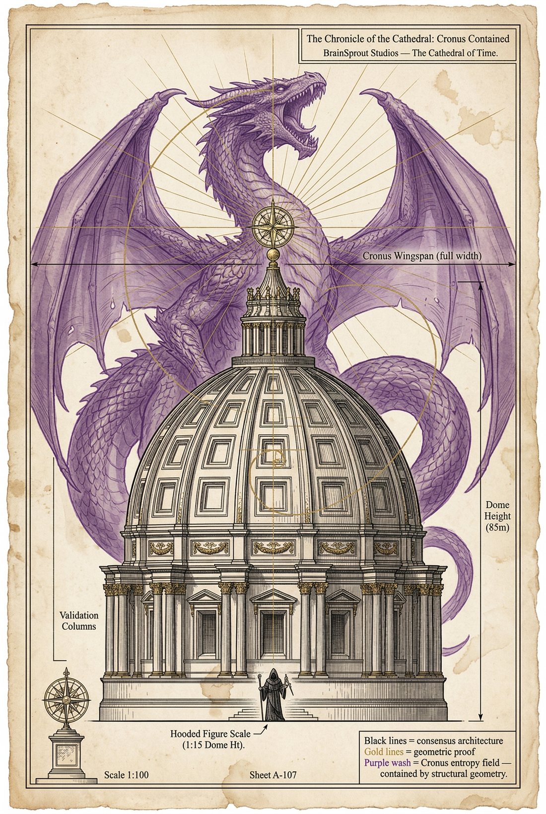 Plate 20 — Cronus Contained (A-107). Purple Cronus dragon, wings spread over the dome, hooded figure for scale.