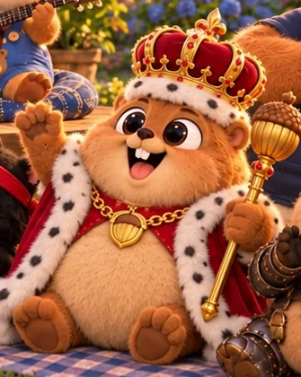 King Chubster in his golden crown and red royal robe, with his acorn scepter