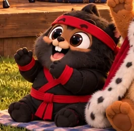 Ninja Chubster in his black outfit with red headband and red accents